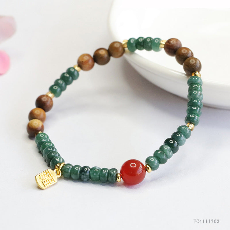 Blue Water Jadeite Abacus Bead and Red Agate Beaded Bracelet