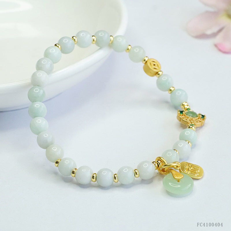 Burmese Grade A Jadeite Jade Beaded Bracelet with Auspicious Charms
