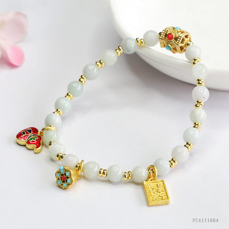 Burmese Grade A Jadeite Jade Beaded Bracelet with Retro Enamel and Gemstone Charms