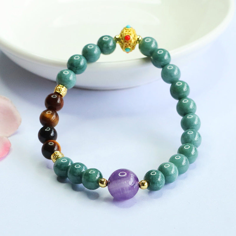 Blue Water Jadeite Jade, Amethyst, and Tiger's Eye Multi-Gemstone Beaded Bracelet