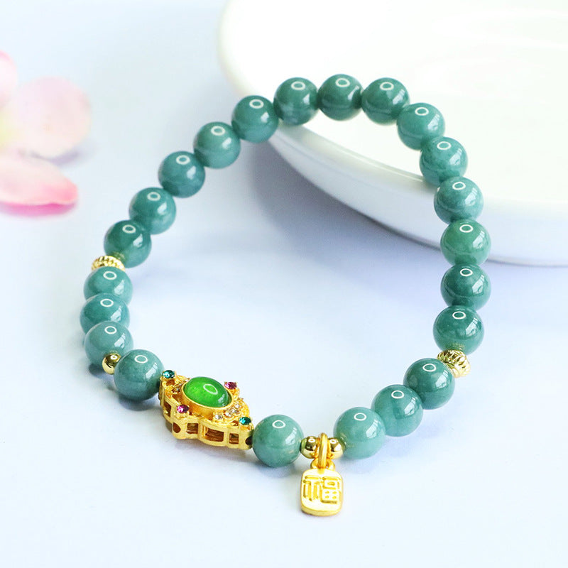 Blue Water Jadeite Jade Ruyi and Wealth Charm Beaded Bracelet