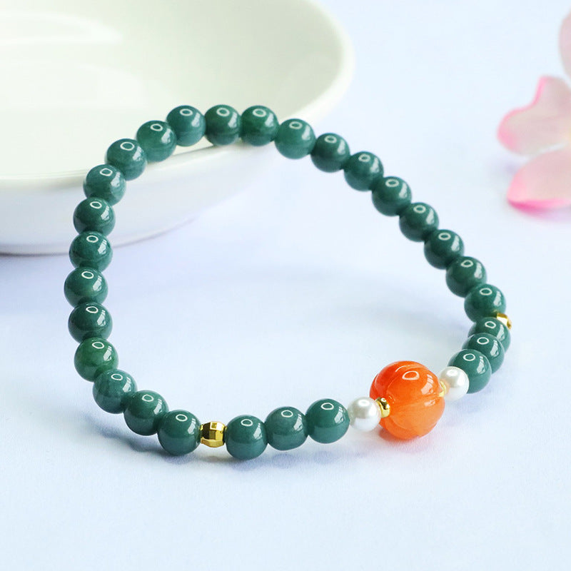 Blue Water Jadeite Jade Pumpkin Beaded Bracelet with Pearl Accents