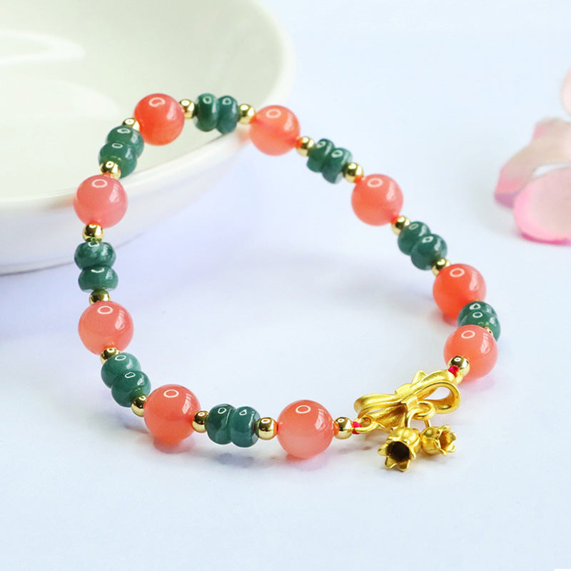 Blue Water Jadeite Jade and Agate Beaded Bracelet with Bow and Bell Charm