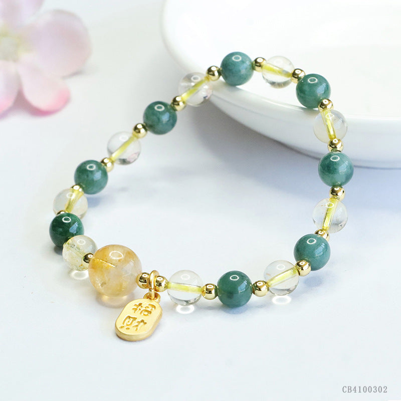 Blue Water Jadeite Jade and Citrine Multi-Gemstone Beaded Bracelet with "Zhao Cai" Wealth Charm