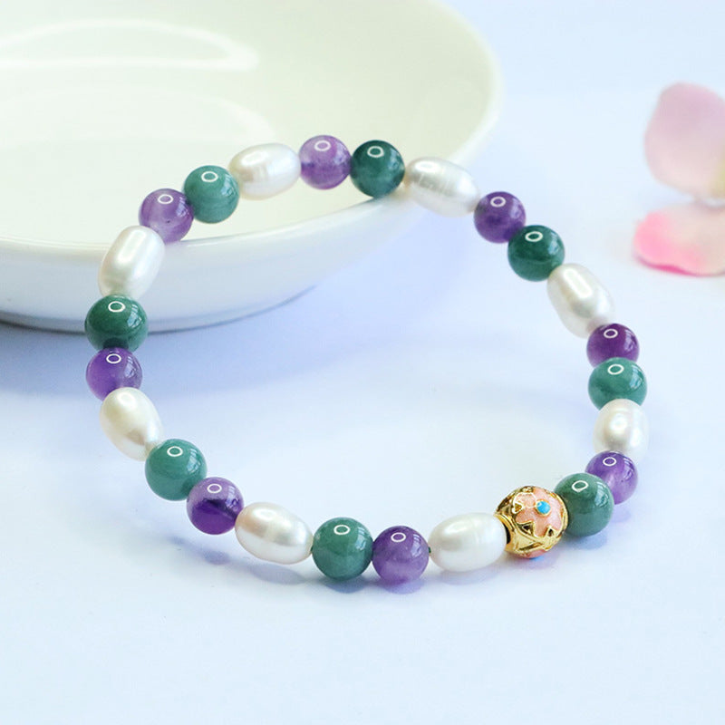 Jadeite Jade, Amethyst, and Freshwater Pearl Multi-Gemstone Bracelet