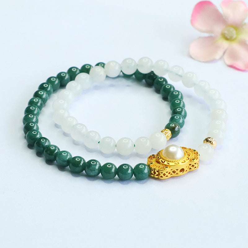 Blue Water Jadeite Jade and White Jadeite Double-Strand Bracelet with Pearl Centerpiece