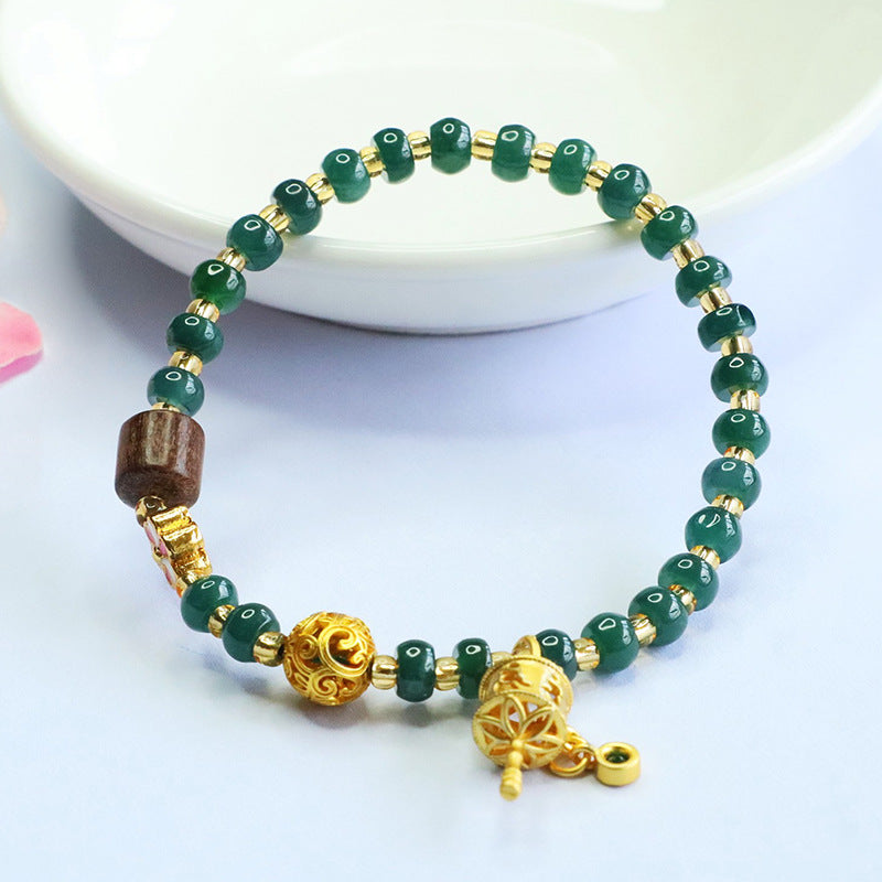 Blue Water Jadeite Abacus Bead Bracelet with Wooden Accent and Floral Charm