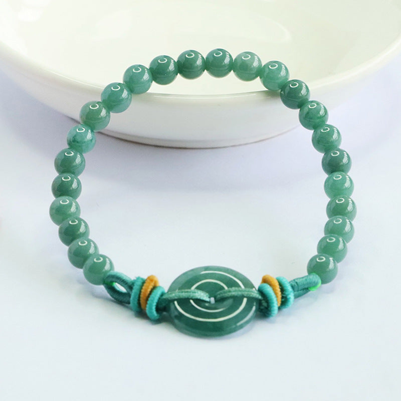 Blue Water Jadeite Jade Beaded Bracelet with Ping An Kou Centerpiece