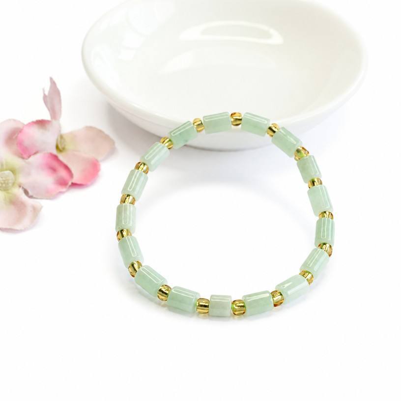 Jadeite Jade Barrel Bead Bracelet with Gold-tone Spacer Beads