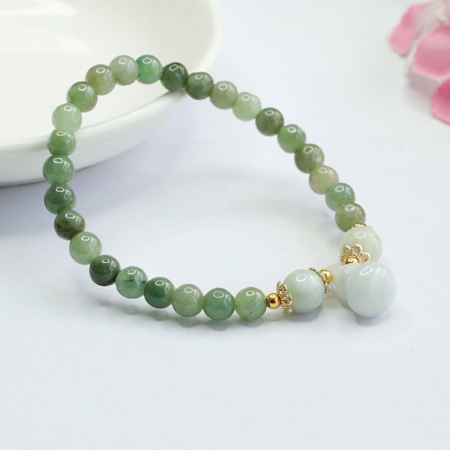Grade A Jadeite Jade Youqing Beaded Bracelet with Gourd Pendant