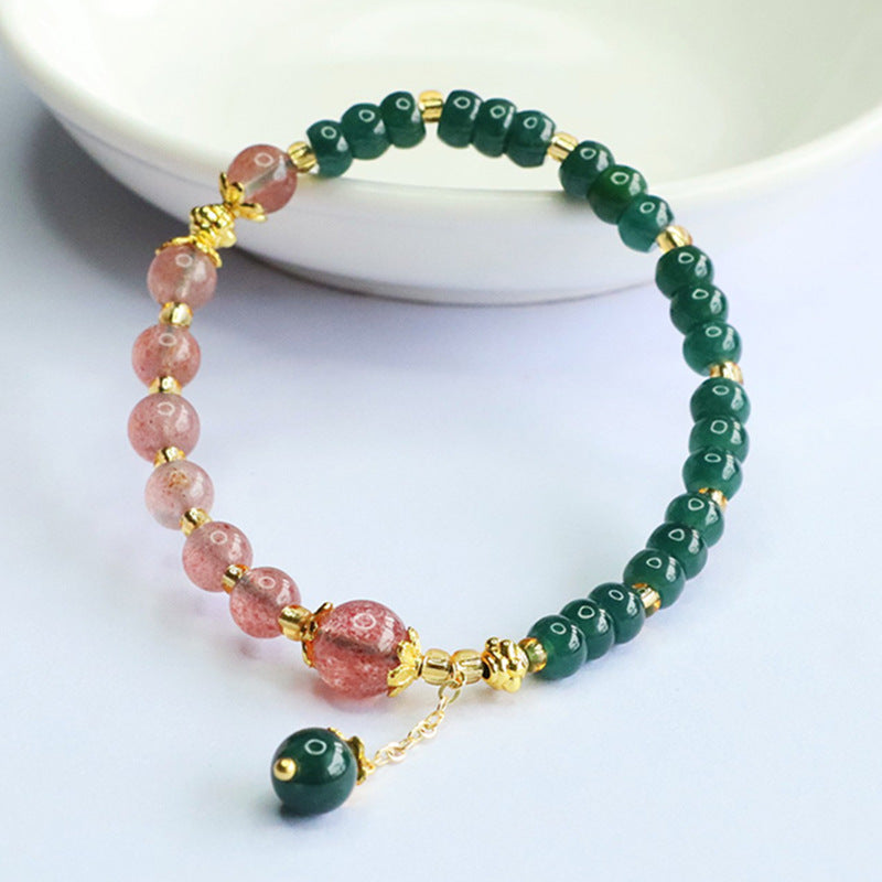 Blue Water Jadeite Jade and Strawberry Quartz Beaded Bracelet with Dangle Charm