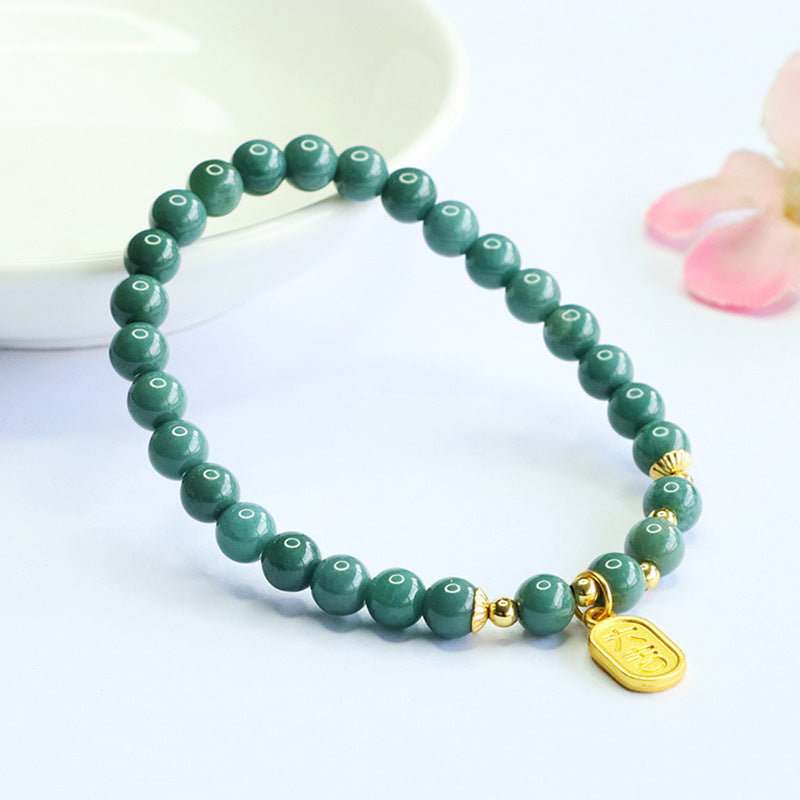 Blue Water Jadeite Jade Beaded Stretch Bracelet with Gold-Tone Charm