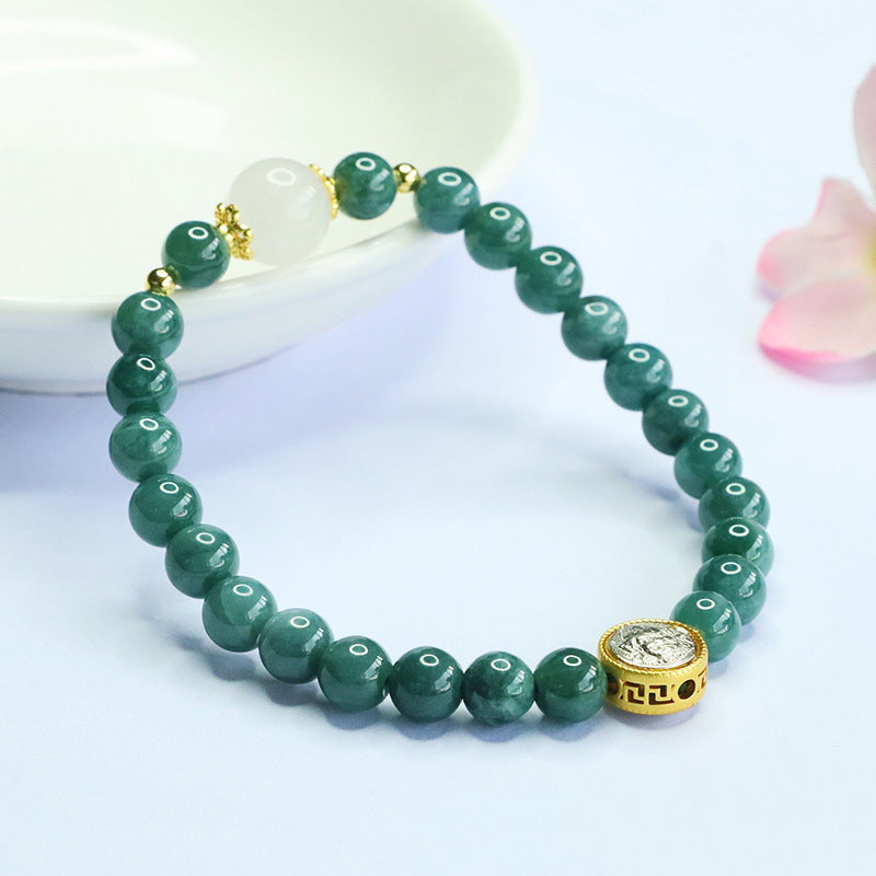 Blue Water Jadeite Jade and Yellow Wealth Deity Beaded Bracelet