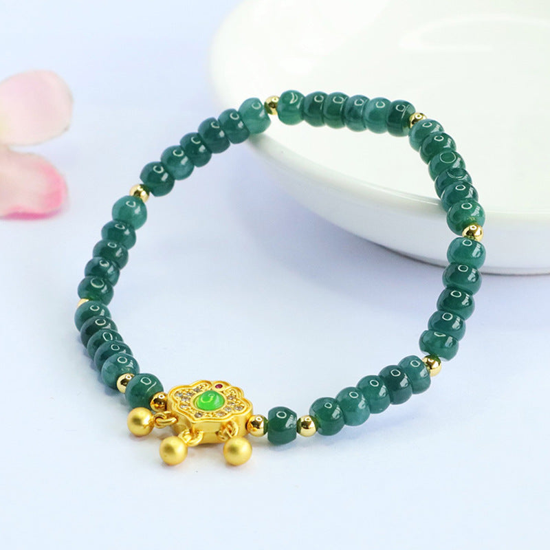 Blue Water Jadeite Jade Abacus Bead Bracelet with Ruyi Lock Pendant
