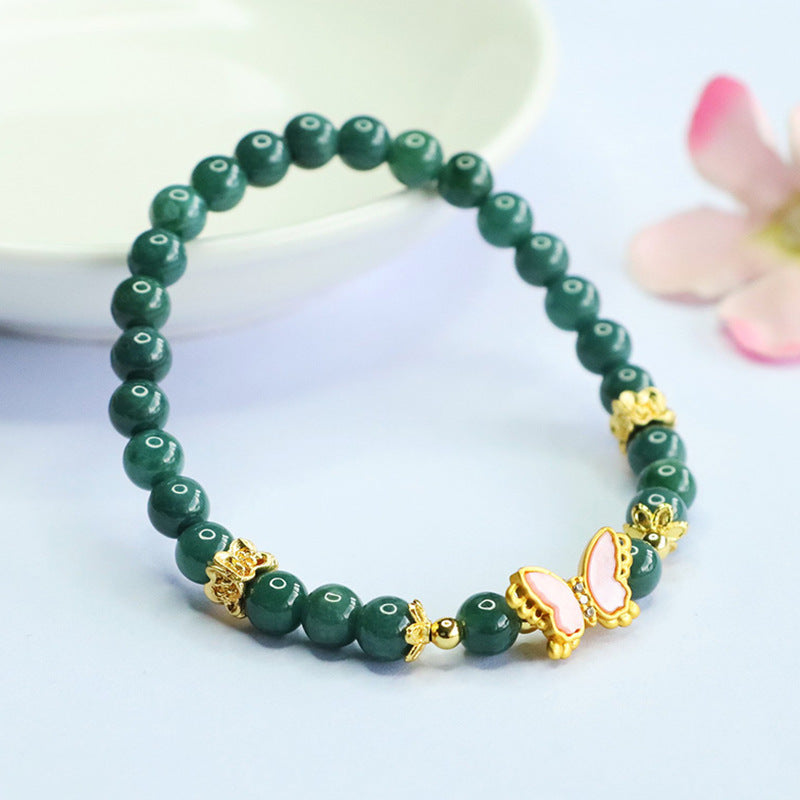 Blue Water Jadeite Jade and Butterfly Enamel Beaded Bracelet