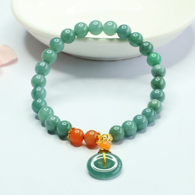 Grade A Jadeite Jade Beaded Bracelet with Peace Buckle Pendant