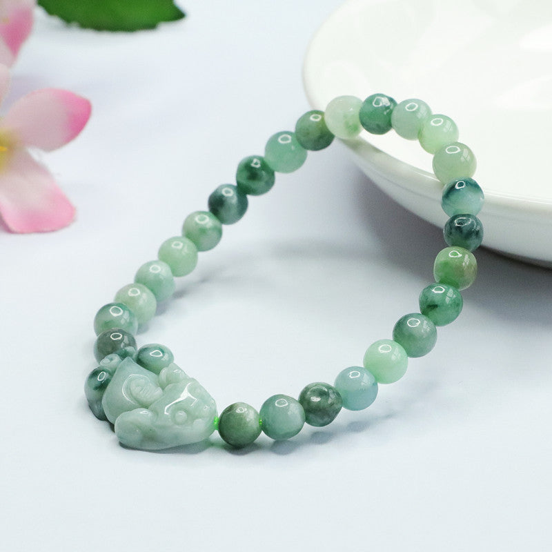 Grade A Jadeite Jade Piao Hua Pixiu Beaded Bracelet