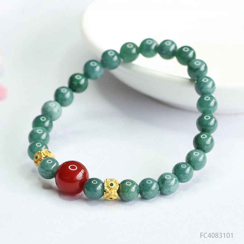 Blue Water Jadeite Jade and Red Agate Beaded Bracelet with Gold-Tone Spacers