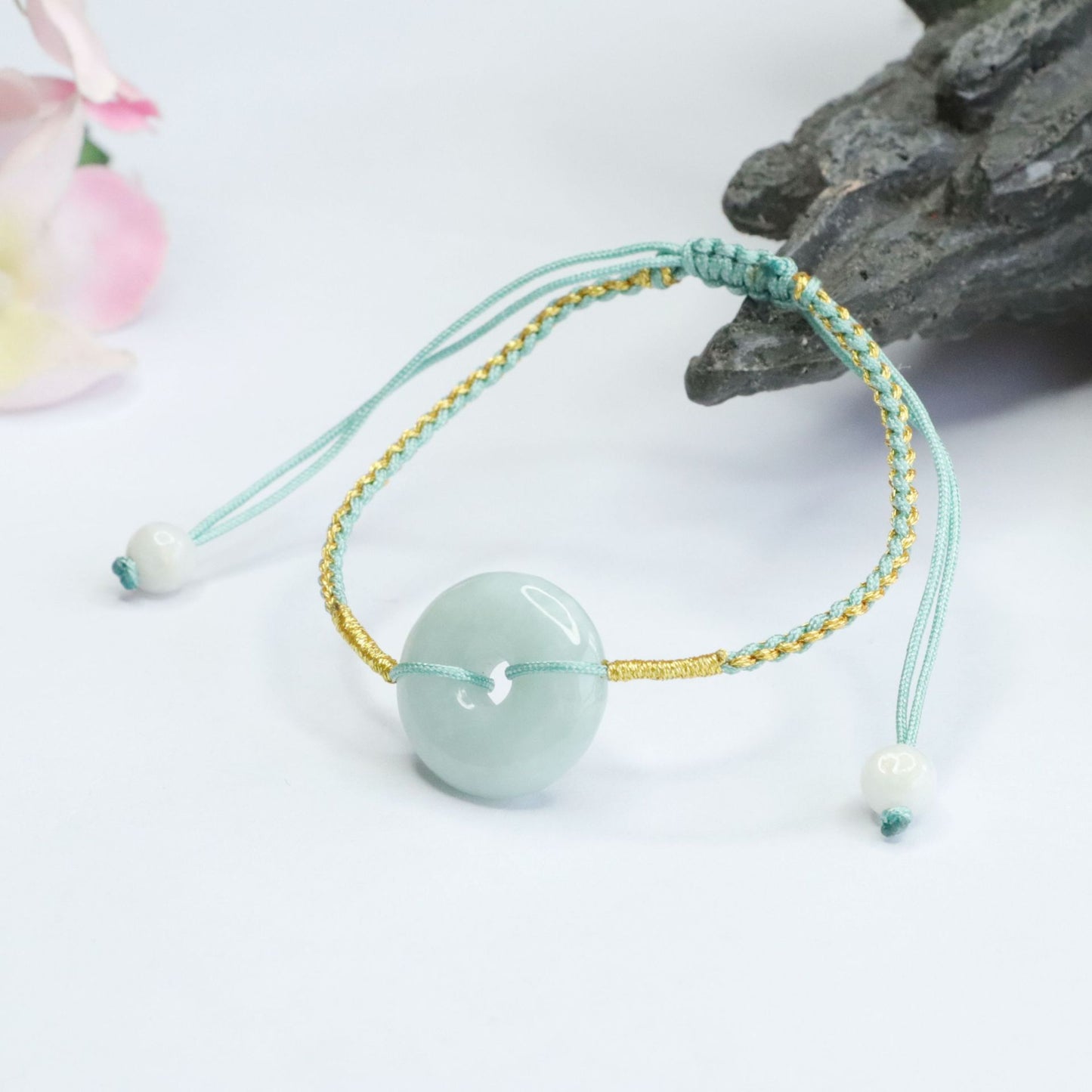 Burmese Grade A Jadeite Ping An Kou Woven Cord Bracelet