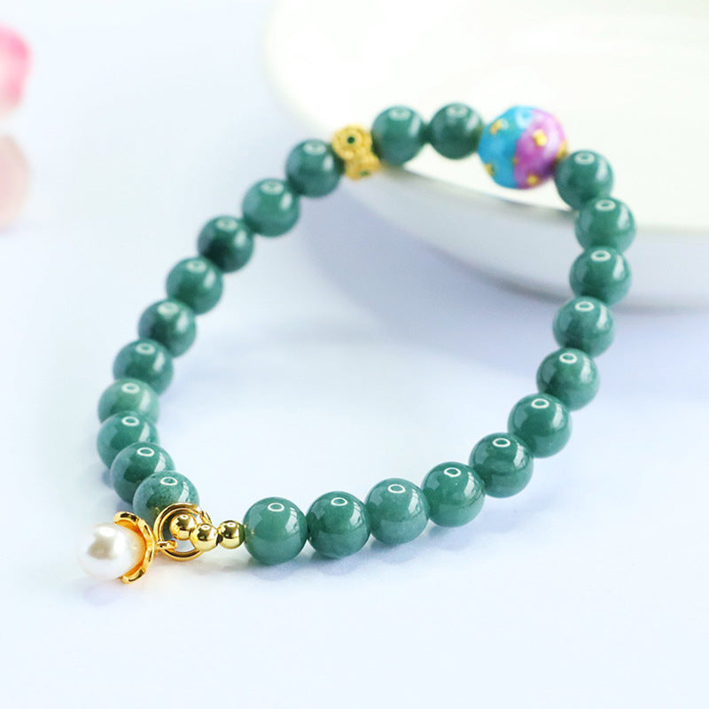 Blue Water Jadeite Jade Beaded Bracelet with Pearl and Colorful Enamel Accents