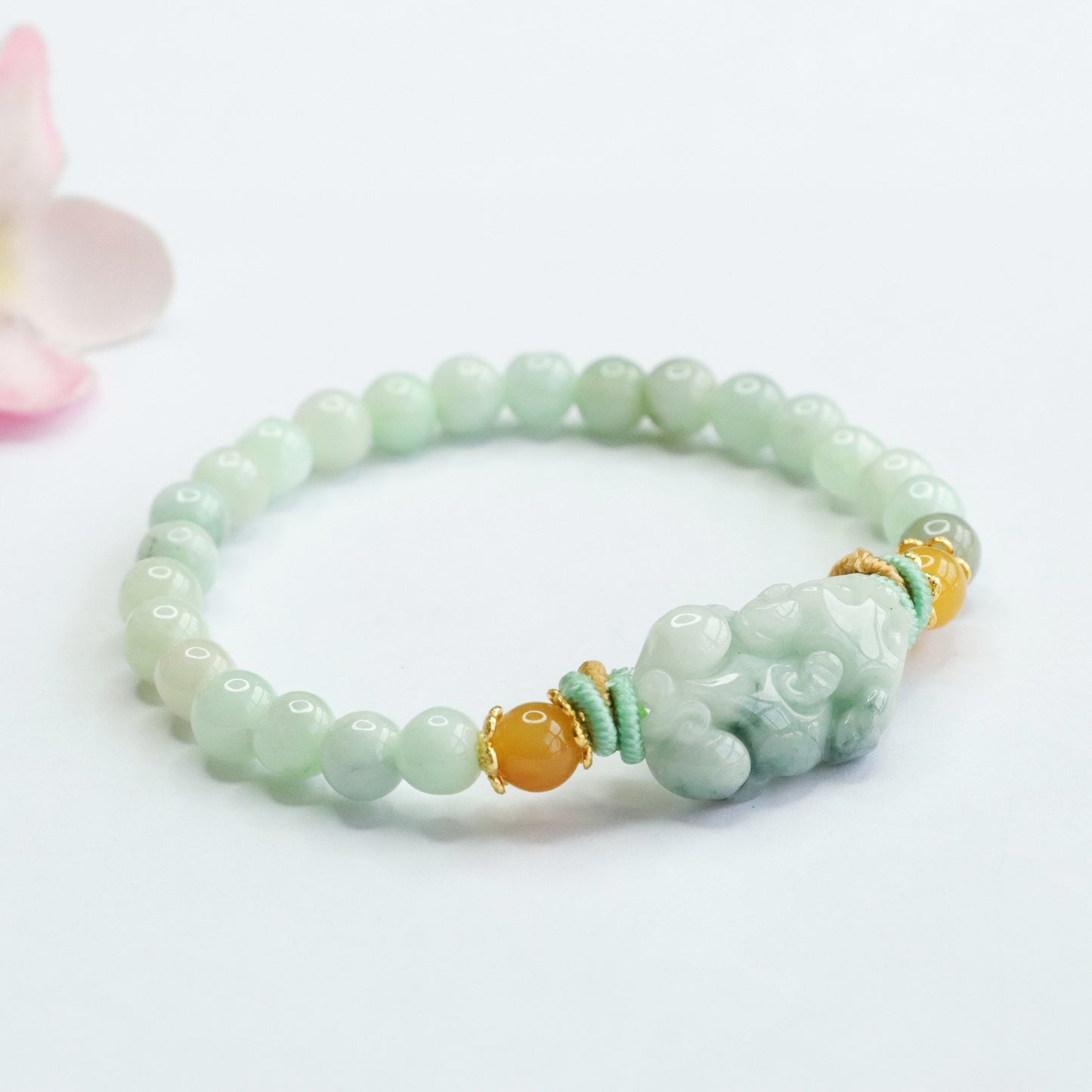 Burmese Grade A Jadeite Jade Pi Xiu Beaded Bracelet with Yellow Jade and Cord Accents
