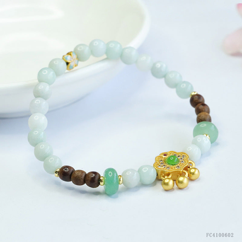 Burmese Grade A Jadeite Beaded Bracelet with Agarwood Accents and Ruyi Lock Charm