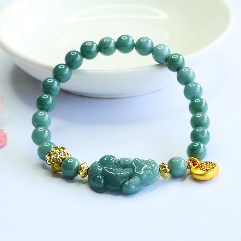 Blue Water Jadeite Jade Pixiu Beaded Bracelet