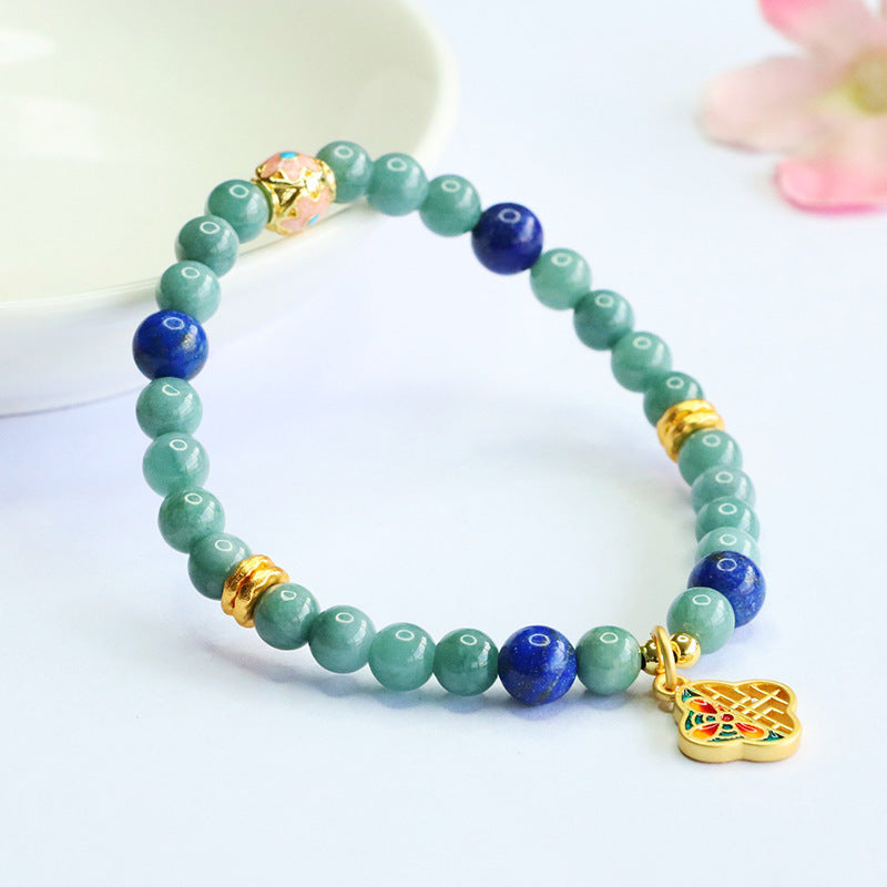 Blue Water Jadeite Jade and Lapis Lazuli Beaded Bracelet with Enamel Lock Charm