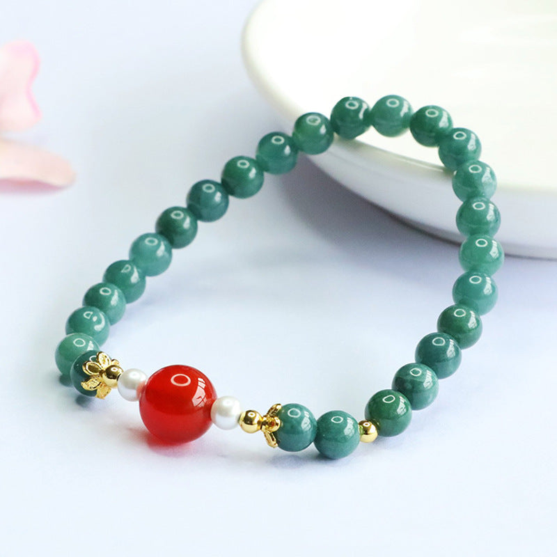 Blue Water Jadeite Jade and Red Agate Beaded Bracelet with Pearl Accents