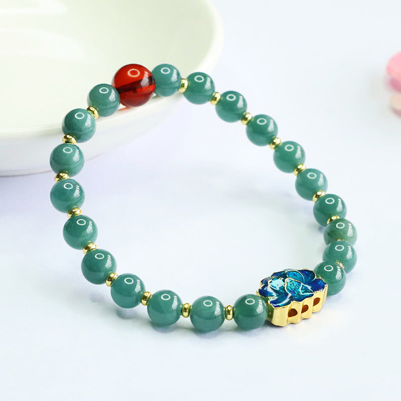 Blue Water Jadeite Jade and Blood Amber Blue Lotus Beaded Bracelet