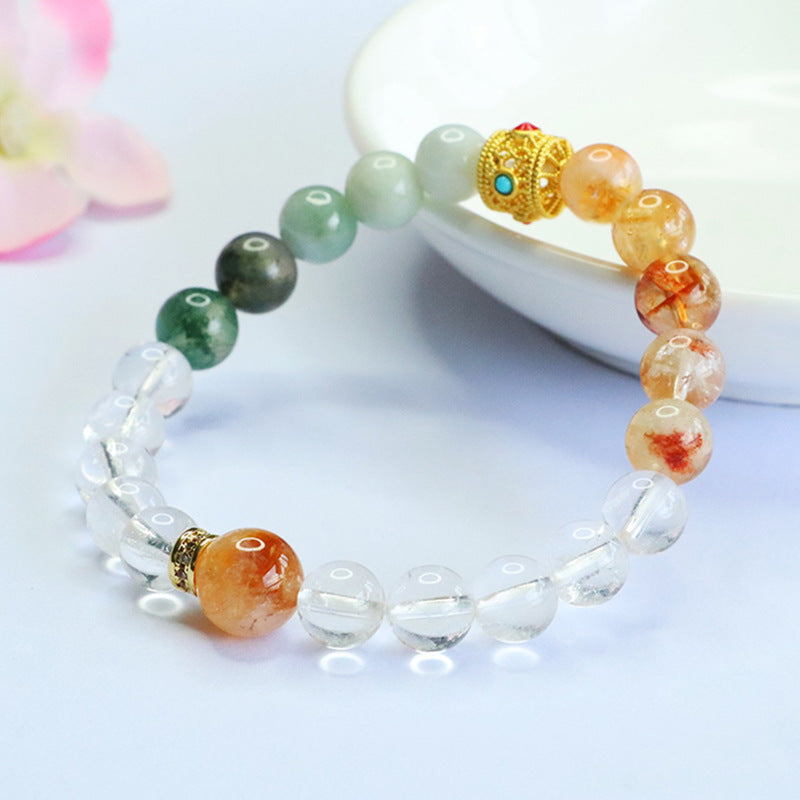 White Crystal, Yellow Phantom Quartz and Jadeite Jade Multi-Gemstone Beaded Bracelet