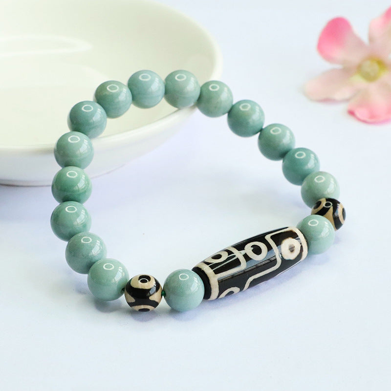 Blue Water Jadeite Jade and Dzi Agate Beaded Bracelet