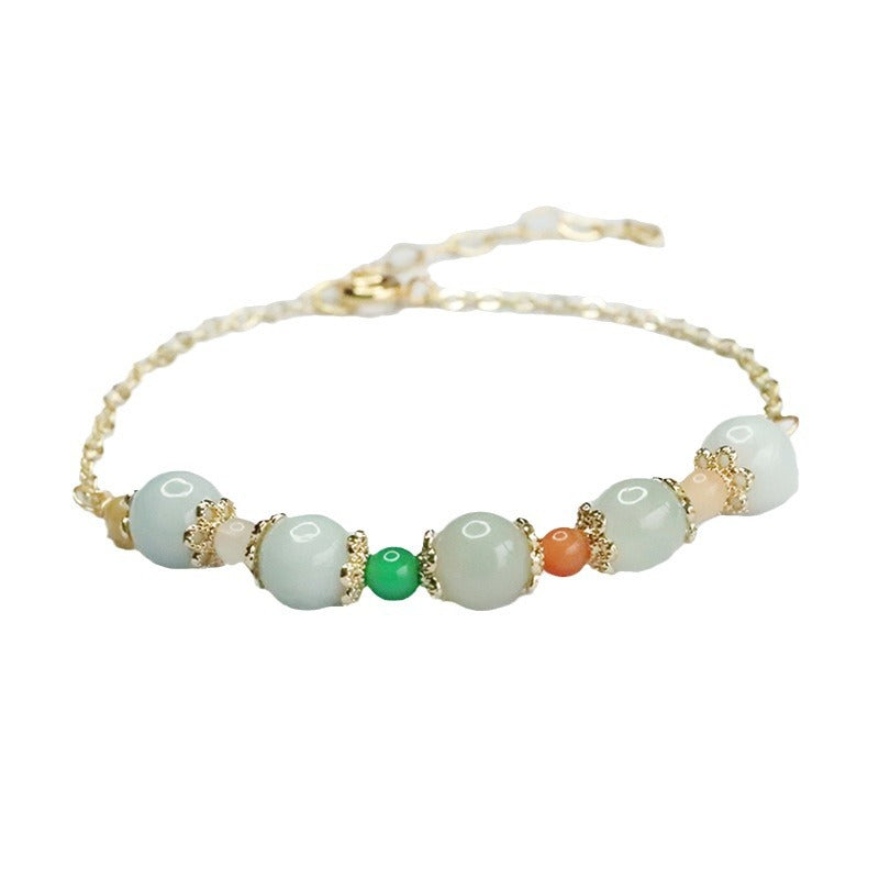 Jadeite Jade Beaded Bracelet with Gold-tone Chain and Accents