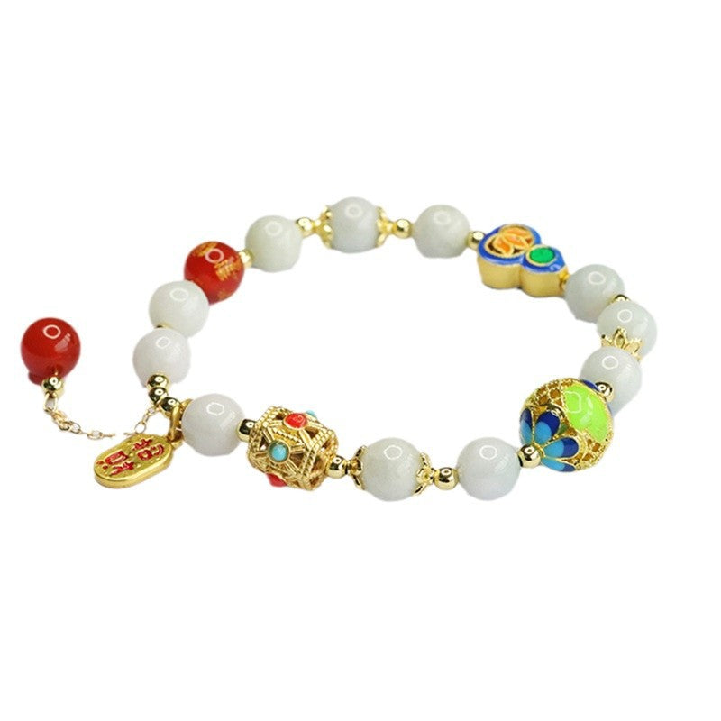 Burmese Grade A Jadeite Jade and Enamel Accent Beaded Bracelet