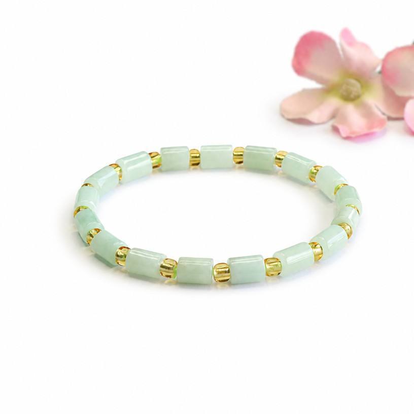 Jadeite Jade Barrel Bead Bracelet with Gold-tone Spacer Beads