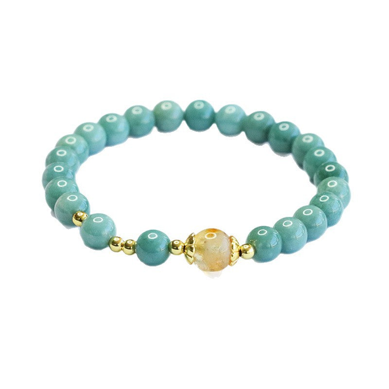 Blue Water Jadeite Jade Beaded Bracelet with Yellow Phantom Quartz Accent