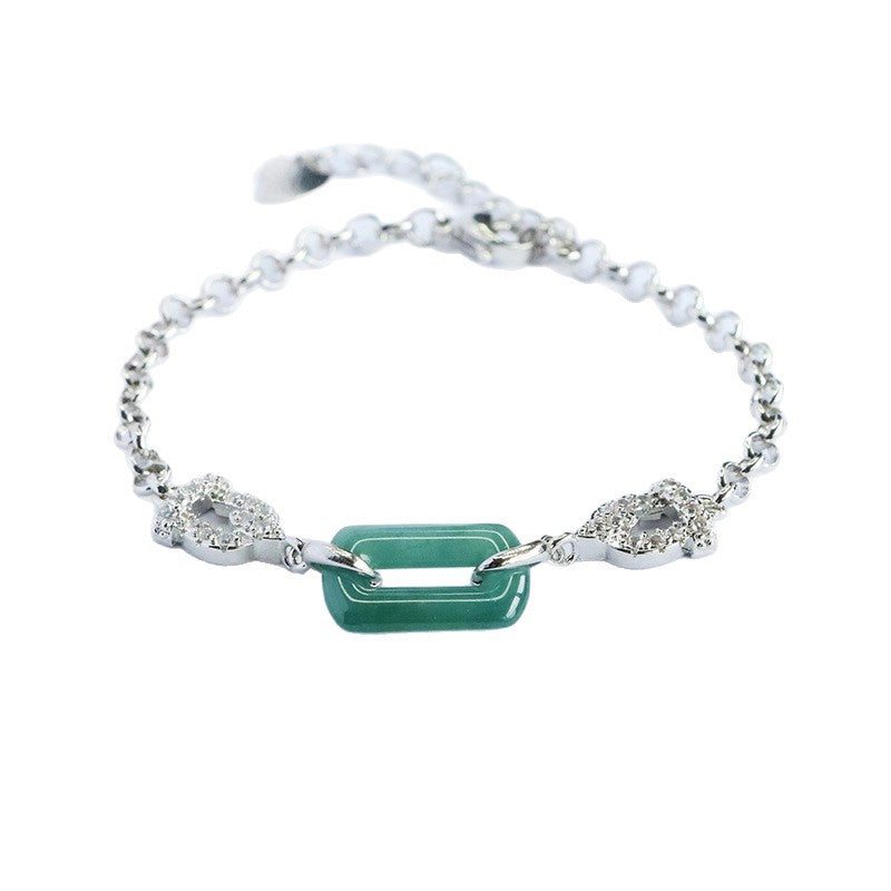Blue Water Jadeite Interlocking Square Link Silver-Tone Bracelet