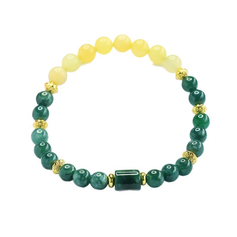 Blue Water Jadeite Jade and Yellow Jade Beaded Bracelet with Barrel Accent