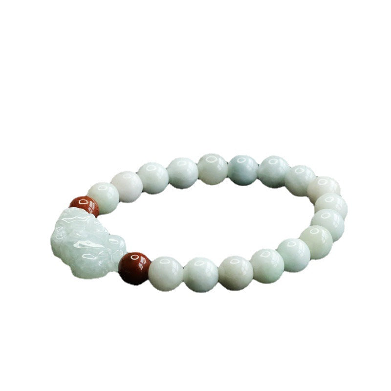 Grade A Jadeite Jade Pixiu Beaded Bracelet with Red Accent Beads