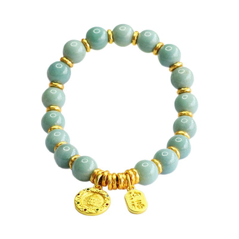 Blue Water Jadeite Jade and Yellow Wealth Deity Beaded Bracelet