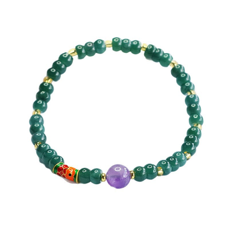 Blue Water Jadeite and Amethyst Beaded Bracelet with Koi Fish Accent