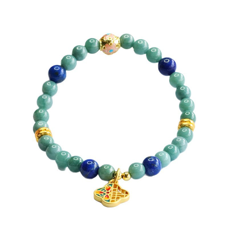 Blue Water Jadeite Jade and Lapis Lazuli Beaded Bracelet with Enamel Lock Charm