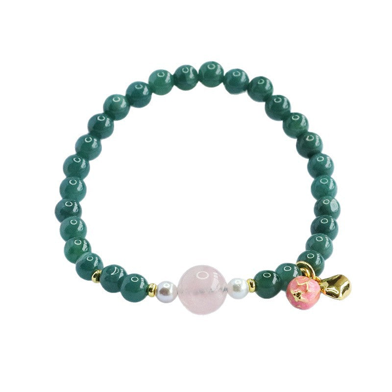 Blue Water Jadeite Jade and Rose Quartz Beaded Bracelet with Enamel Charm