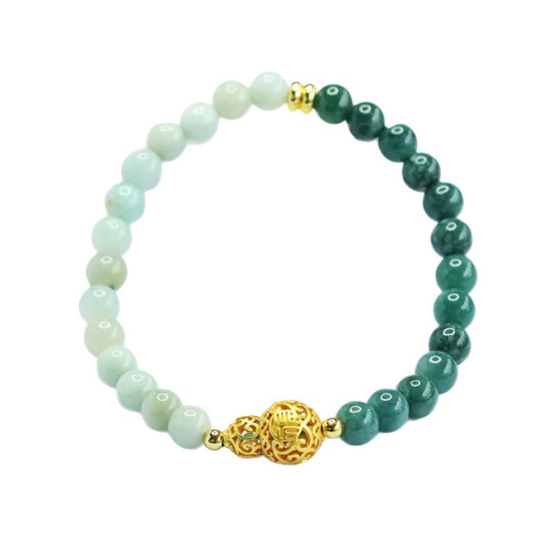 Two-Tone Jadeite Jade Beaded Bracelet with Hollow-Out Gourd Charm