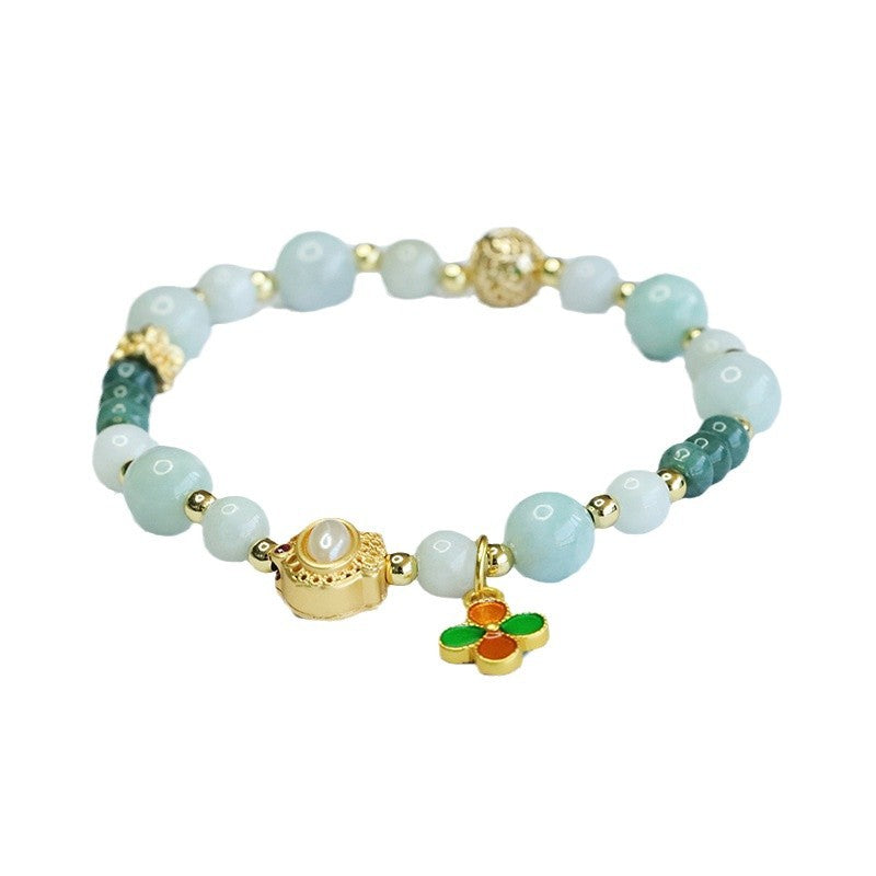 Blue Water and Light Jadeite Jade Beaded Bracelet with Four-Leaf Clover Charm