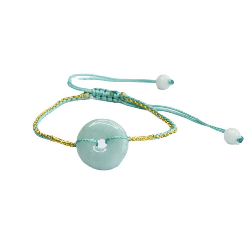 Burmese Grade A Jadeite Ping An Kou Woven Cord Bracelet