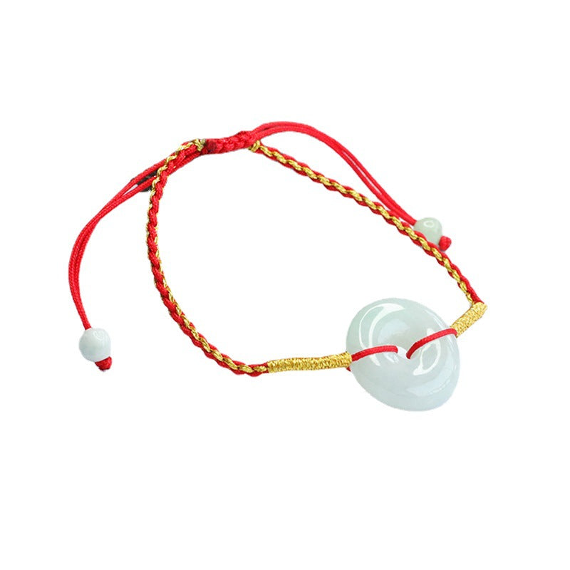 Burmese Grade A Jadeite Ping An Kou Woven Red Cord Bracelet