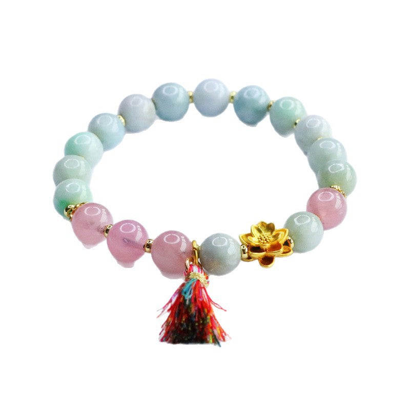 Burmese Grade A Jadeite Jade and Rose Quartz Lotus Beaded Bracelet