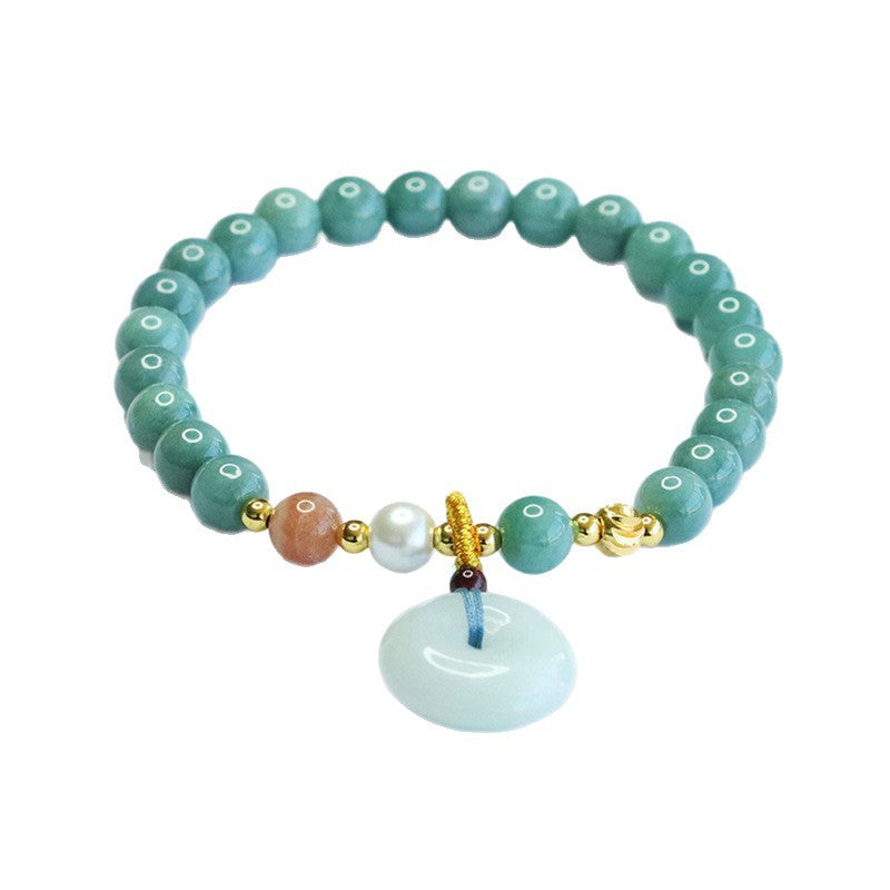 Blue Water Jadeite Jade Beaded Bracelet with Ping An Kou Dangle Charm