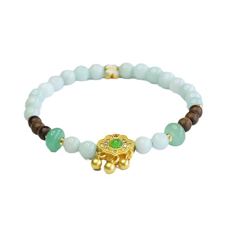 Burmese Grade A Jadeite Beaded Bracelet with Agarwood Accents and Ruyi Lock Charm